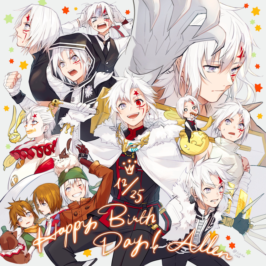 6+boys, absurdres, age_difference, allen_(dog)_(d.gray-man), allen_walker, animal_on_head, antenna_hair, bandaged_arm