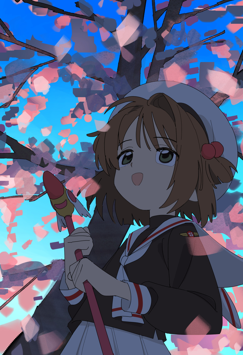 1girl, :d, absurdres, beret, black_jacket, black_shirt, brown_hair, cardcaptor_sakura