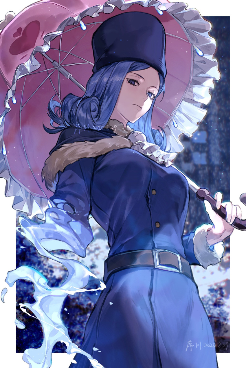 1girl, artist_name, belt, blue_eyes, blue_hair, blue_hat, border, closed_mouth