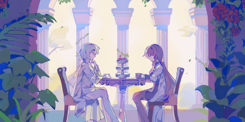 2girls, aozakihokushi, black_gloves, black_skirt, blue_eyes, breasts, chair, coat, column, commentary_request, dress, eos_(neural_cloud), feet_out_of_frame, female_professor_(neural_cloud), flower, from_side, girls'_frontline_neural_cloud, girls_frontline, gloves, hair_between_eyes, highres, korean_commentary, lab_coat, long_hair, long_sleeves, multiple_girls, on_chair, open_mouth, pantyhose, pillar, professor_(neural_cloud), shirt, sitting, skirt, white_coat, white_dress, white_hair