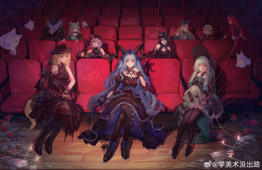 1boy, 6+girls, absurdres, animal_ears, arknights, ave_mujica_(bang_dream!), bang_dream!, bang_dream!_it's_mygo!!!!!