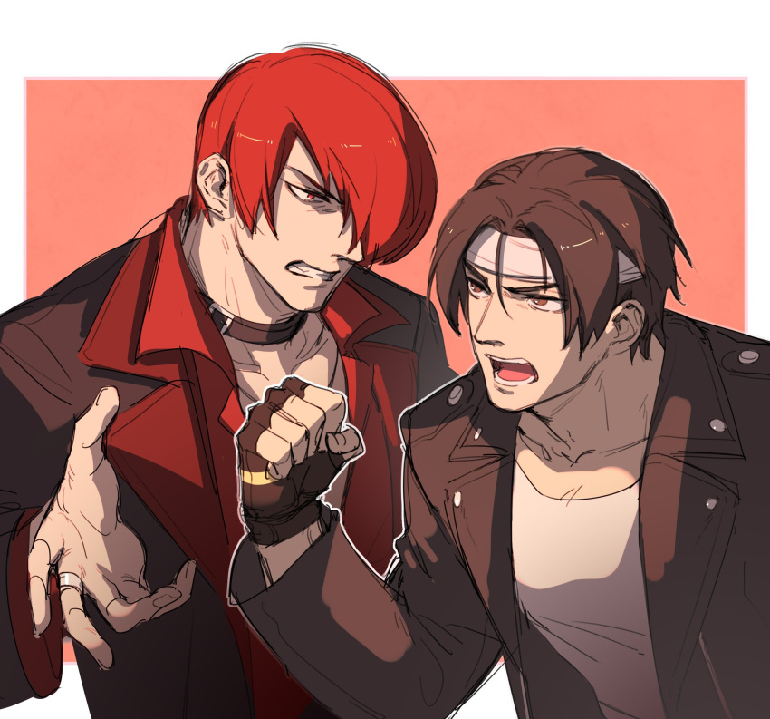 2boys, an_ling_withered, arguing, black_gloves, black_jacket, brown_eyes, brown_hair, choker
