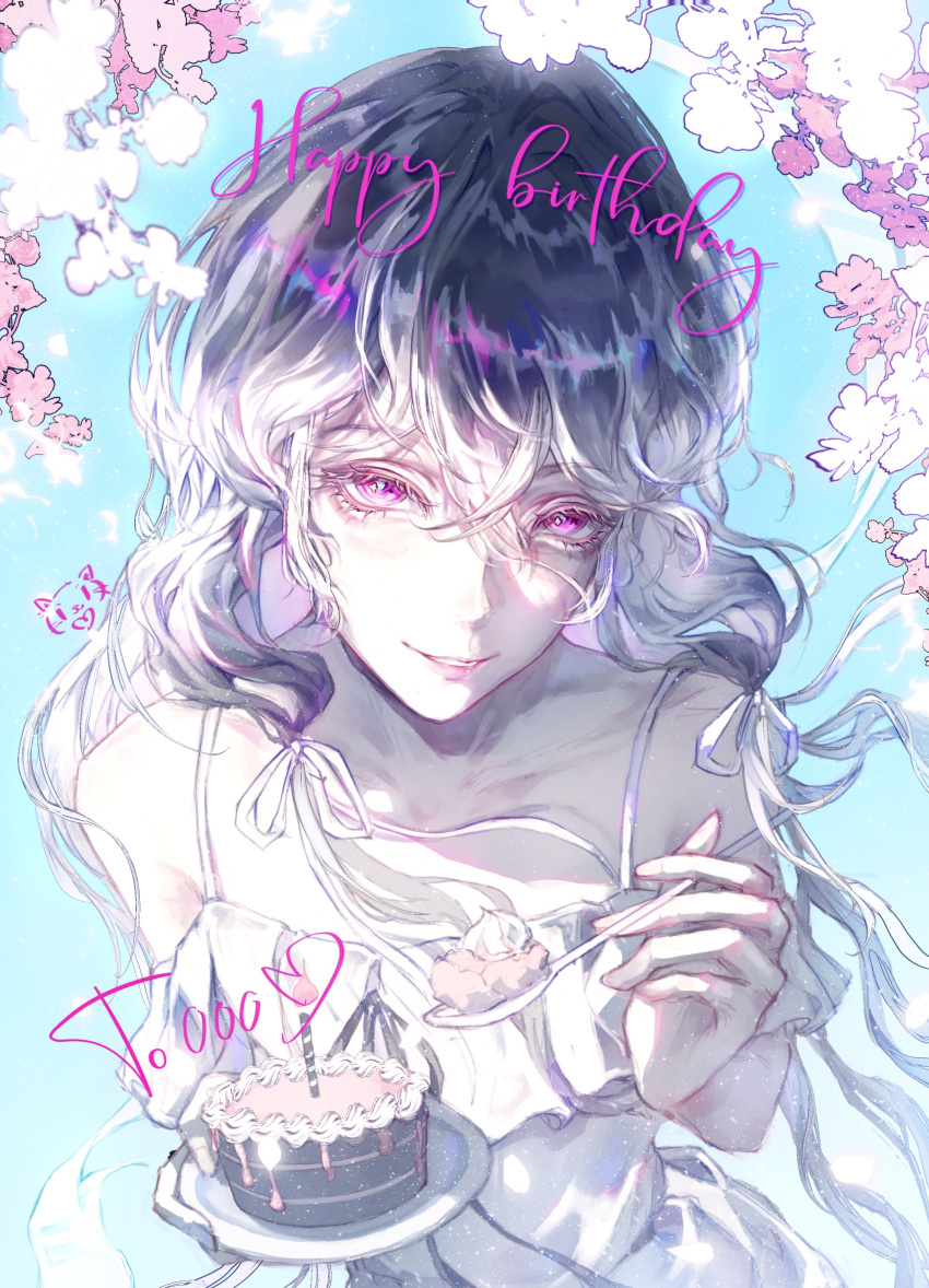 000_(path_to_nowhere), 1girl, absurdres, bare_arms, bare_shoulders, birthday_cake, blue_background, cake, candle, character_name, chemise, chinese_commentary, collarbone, commentary, crossed_bangs, dress, floating_hair, flower, food, grey_hair, hair_between_eyes, happy_birthday, highres, holding, holding_plate, holding_spoon, incoming_food, light_particles, long_hair, looking_at_viewer, low-tied_sidelocks, parted_lips, path_to_nowhere, pink_flower, plate, sidelocks, simple_flower, smile, solo, spaghetti_strap, spoon, straight-on, tangxi, upper_body, violet_eyes, white_chemise, white_dress