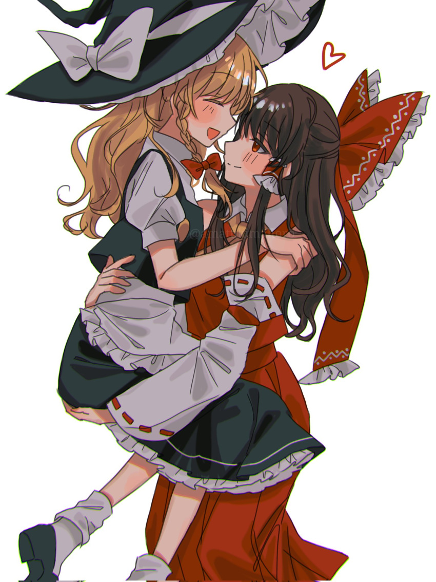 2girls, :d, ^_^, amatukimahoro, apron, ascot, black_hat, black_shoes
