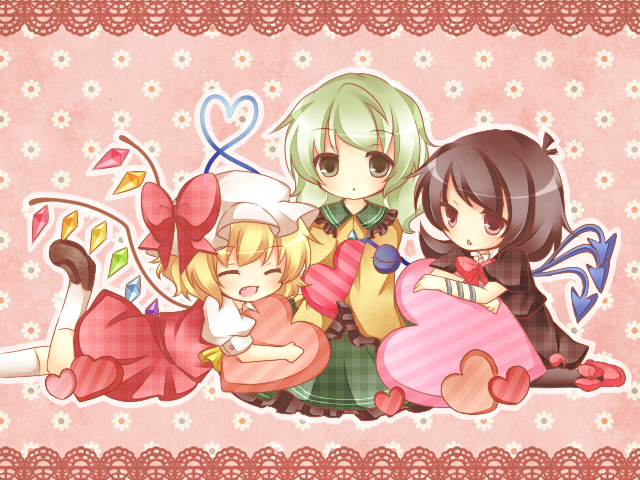 asymmetrical_wings, black_dress, black_hair, blonde_hair, brown_eyes, chibi, closed_eyes, dress