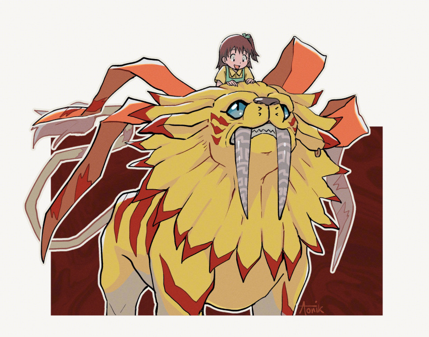 1girl, aonik, blue_eyes, brown_eyes, brown_hair, digimon, digimon_(creature), digimon_tamers