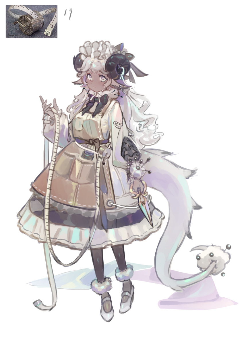 1girl, absurdres, animal_ears, black_pantyhose, bonnet, dark_skin, dragon_tail, dress