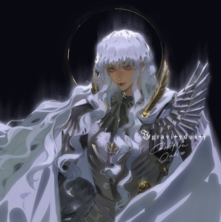 1boy, armor, artist_logo, artist_name, berserk, blue_eyes, breastplate, cape