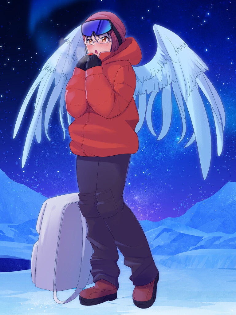 1girl, angel_wings, backpack, bag, black_gloves, black_pants, blush, boots