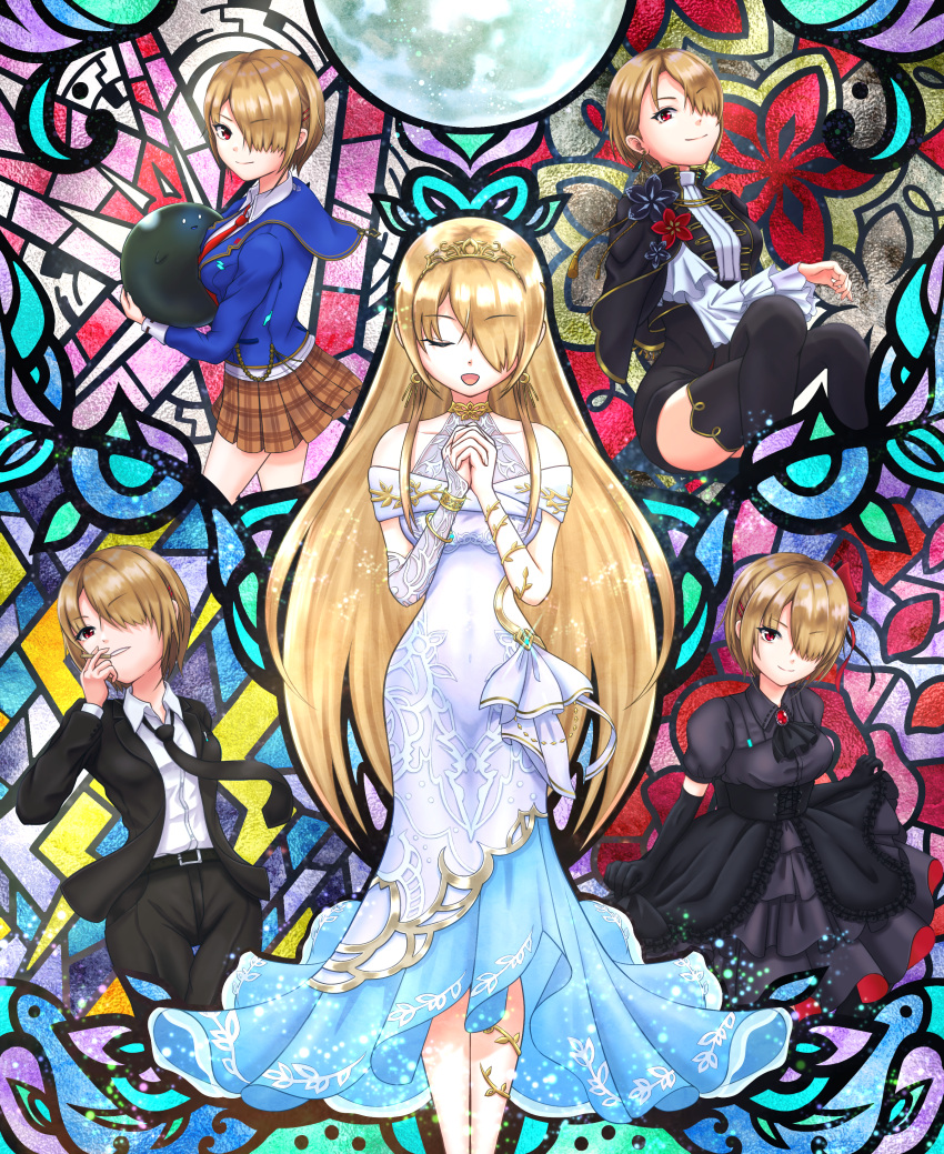 1girl, absurdres, bare_shoulders, belt, black_dress, black_gloves, black_jacket, black_necktie, blonde_hair, bomb, breasts, brown_skirt, closed_eyes, closed_mouth, dress, earrings, elbow_gloves, explosive, flower, formal_clothes, frills, gloves, hair_over_one_eye, heaven_burns_red, highres, holding, hood, jacket, jewelry, kayamori_ruka, long_hair, long_sleeves, looking_at_viewer, moon, multiple_girls, multiple_persona, necktie, open_mouth, own_hands_clasped, own_hands_together, pants, pleated_skirt, praying, red_eyes, red_necktie, school_uniform, shirt, short_hair, short_sleeves, skirt, smile, stained_glass, suit, sybilla_(batvb), thigh-highs, tiara, very_long_hair, white_dress, white_shirt