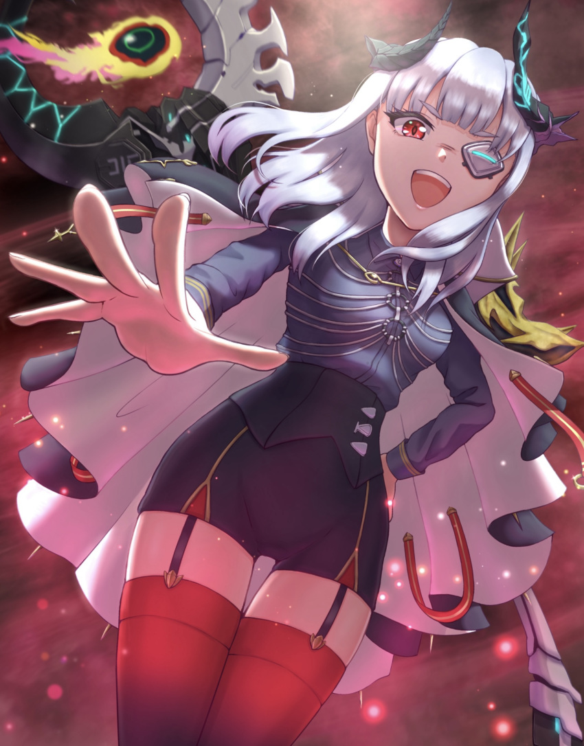 1girl, absurdres, black_shorts, blue_shirt, breasts, coat, coat_on_shoulders, collared_shirt