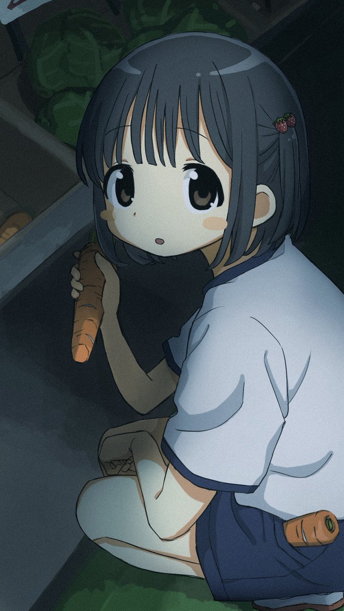 1girl, :o, black_hair, blue_shorts, blush_stickers, cabbage, carrot, chawanwan