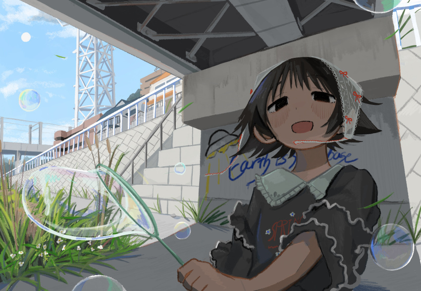 1girl, amamoto_air, black_eyes, black_hair, black_shirt, blouse, blue_sky, blush, bridge, bubble_wand, building, cattail, collared_shirt, day, flower, graffiti, grass, headscarf, highres, holding, lace, lace_headwear, layered_sleeves, open_mouth, original, plant, railing, shirt, sky, soap_bubbles, solo, under_bridge