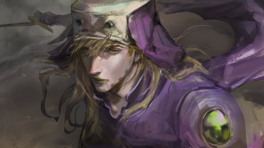 1boy, beard, blonde_hair, cape, commentary_request, executioner, executioner's_sword, executioner_hood