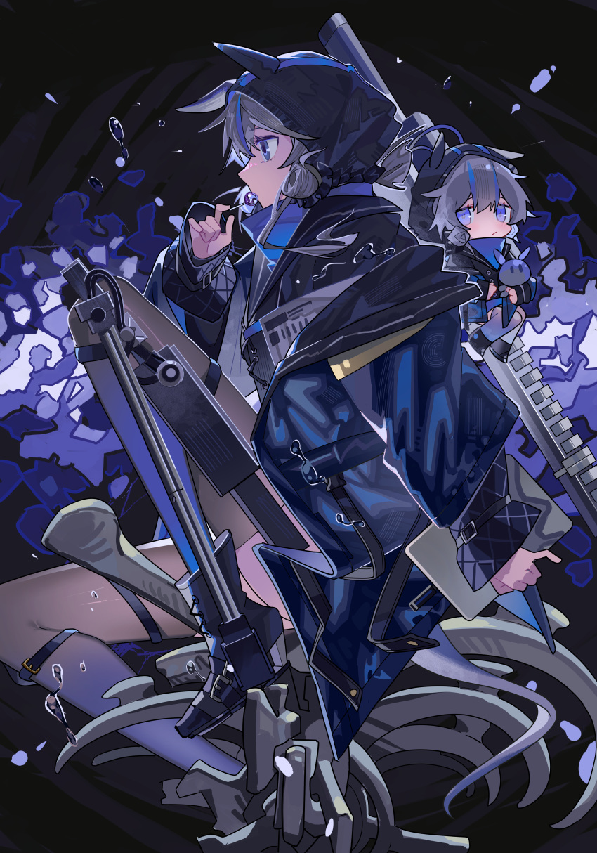 2girls, absurdres, arknights, blue_eyes, blue_hair, candy, food, glaucus_(arknights)