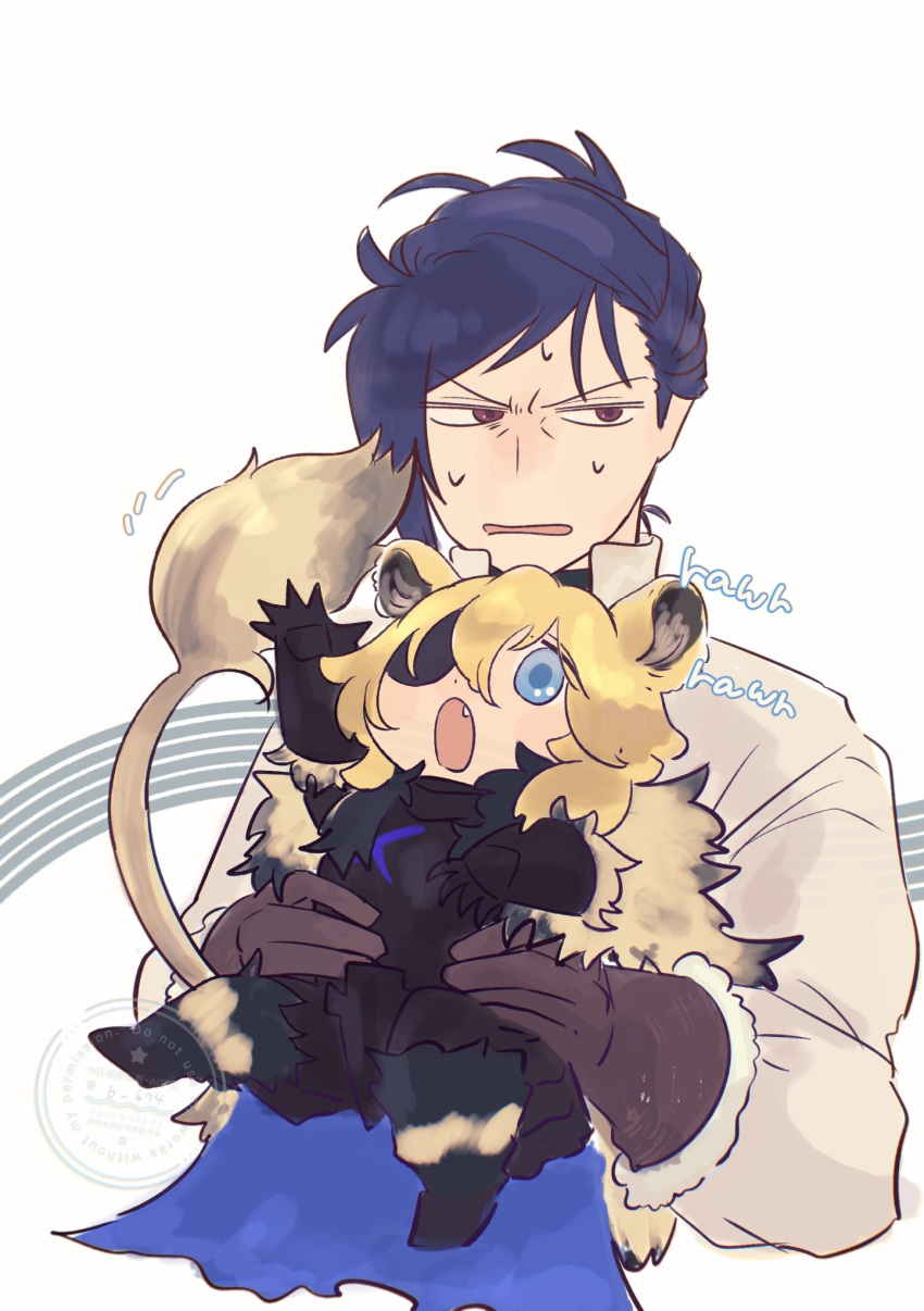 2boys, animal_ears, arm_up, armor, b_674, black_armor, blonde_hair, blue_cape, blue_eyes, blue_hair, boots, breastplate, brown_eyes, brown_gloves, cape, collared_shirt, commentary, cropped_torso, dimitri_alexandre_blaiddyd, dimitri_alexandre_blaiddyd_(blue_lion), dimitri_alexandre_blaiddyd_(shadows), dimitri_alexandre_blaiddyd_(timeskip), dot_nose, fang, felix_hugo_fraldarius, felix_hugo_fraldarius_(timeskip), fire_emblem, fire_emblem:_three_houses, fire_emblem_shadows, fur-trimmed_gloves, fur_trim, gauntlets, gloves, hair_between_eyes, highres, holding, lion_boy, lion_ears, lion_tail, long_sleeves, looking_to_the_side, looking_up, male_focus, multiple_boys, nervous_sweating, open_mouth, popped_collar, shirt, sideways_glance, sound_effects, sweat, symbol-only_commentary, tail, watermark, white_background, white_shirt