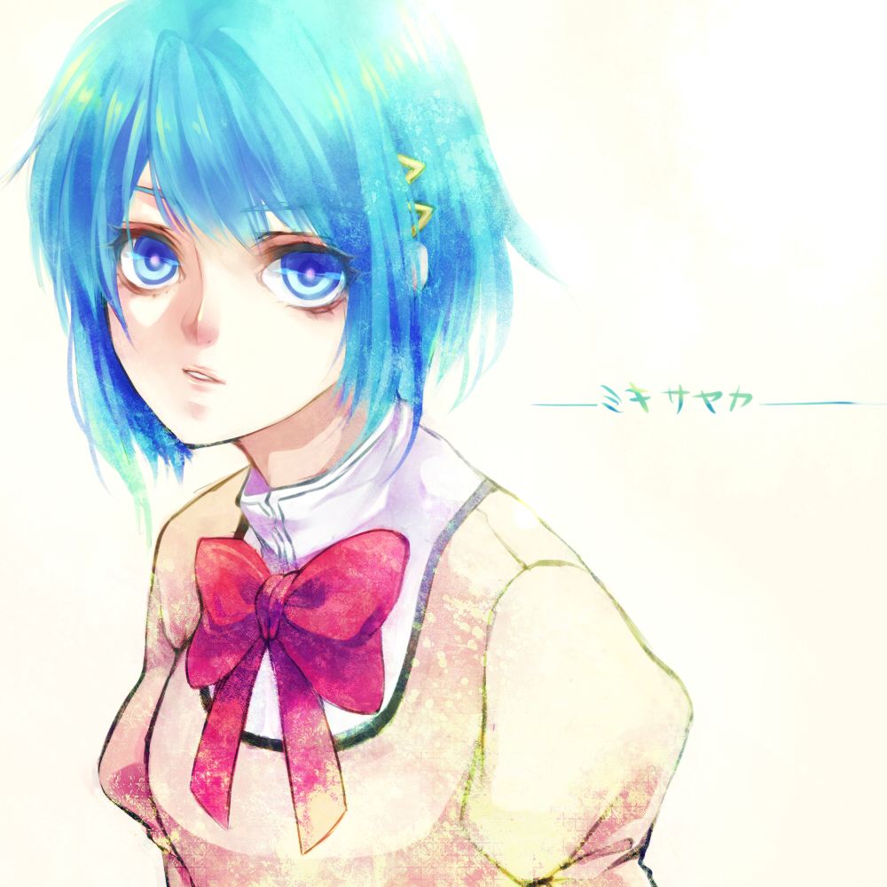 blue_eyes, blue_hair, bow, hair_ornament, hairclip, mahou_shoujo_madoka_magica, miki_sayaka, reika_(pixiv776765)