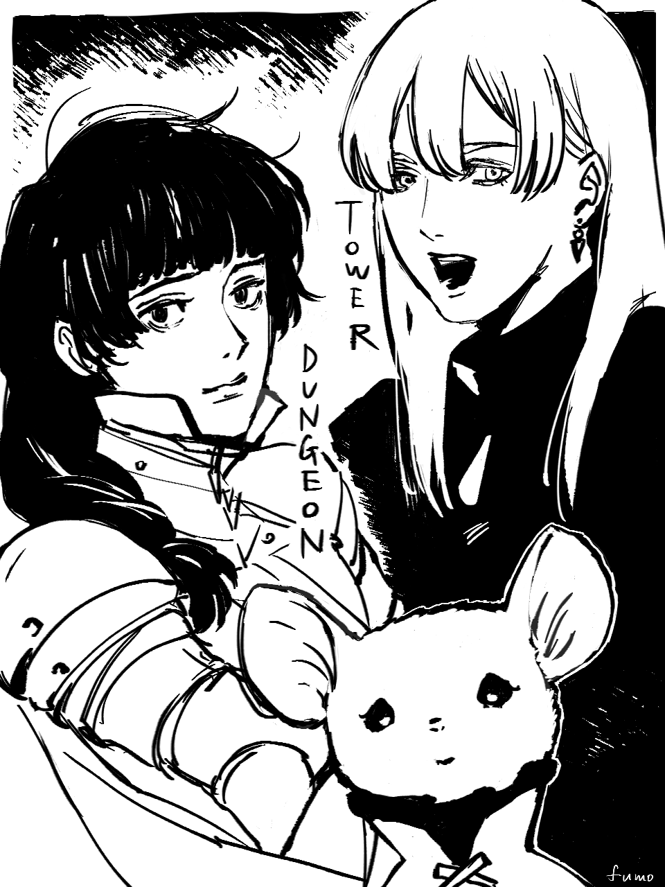 3girls, :d, animal_ears, aridellia_(tower_dungeon), armor, artist_name, blunt_bangs, braid