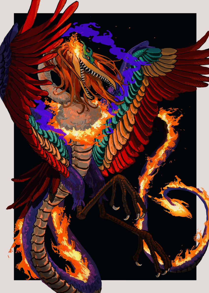 1boy, bird, bisphonate, black_background, black_eyes, colored_sclera, dragon_tail, fire