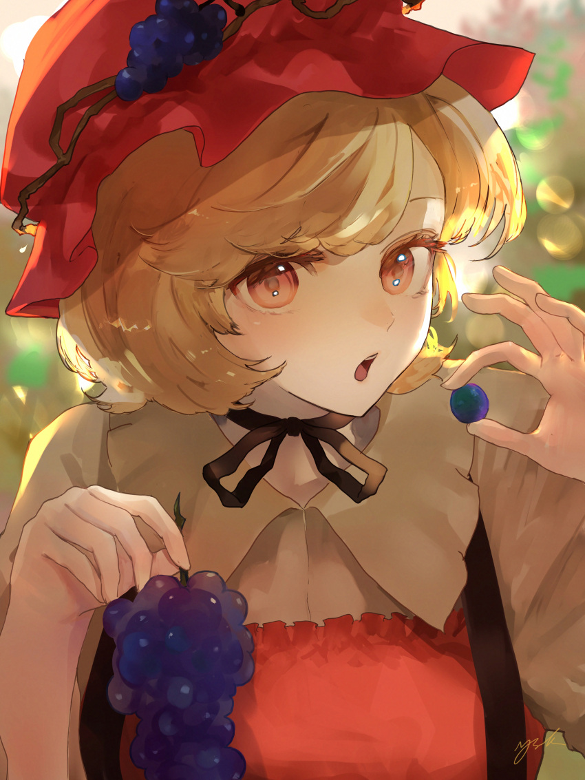 1girl, absurdres, aki_minoriko, apron, black_choker, blonde_hair, blurry, blurry_background