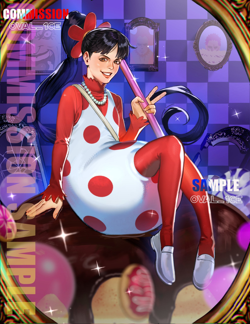 1girl, artist_name, black_hair, blowgun, brown_eyes, charlotte_flampe, charlotte_katakuri, charlotte_linlin