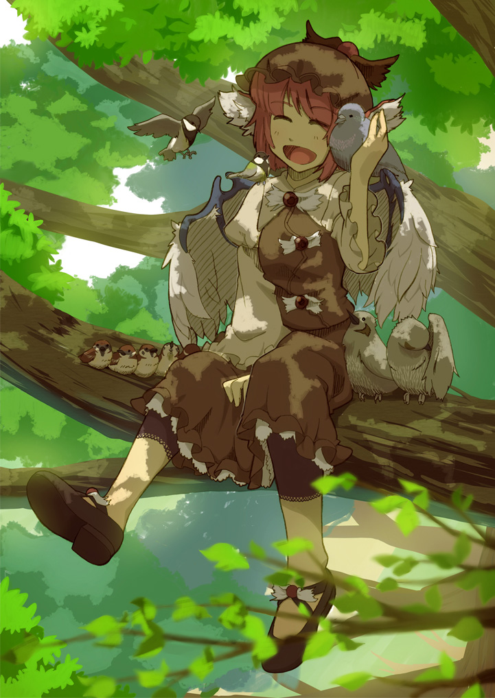 animal_ears, bird, brown_dress, dress, hat, in_tree, mystia_lorelei, open_mouth
