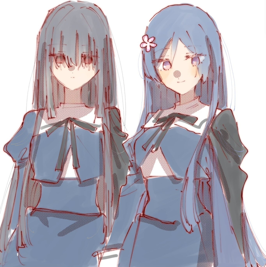 2girls, akashi_manaka, aoki_kaho, assault_lily, black_cape, black_hair, black_ribbon, black_skirt
