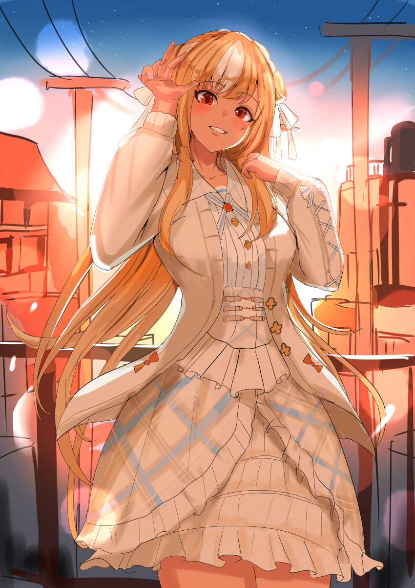 1girl, absurdres, blonde_hair, blush, closed_mouth, dark-skinned_female, dark_elf, dark_skin