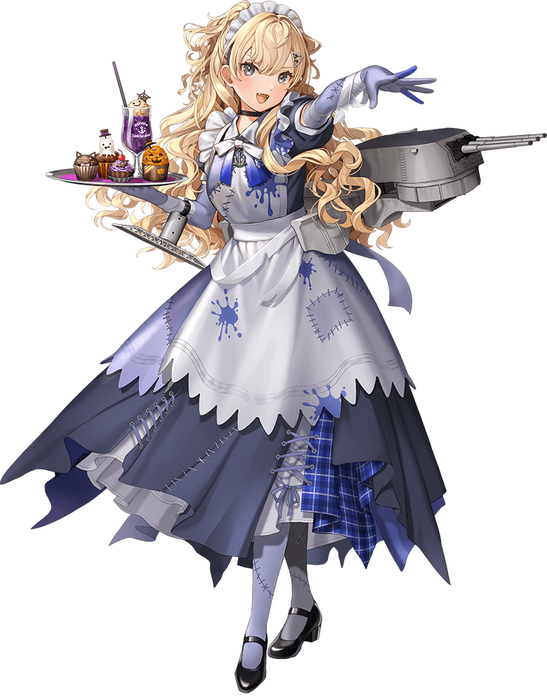 1girl, apron, blonde_hair, blue_dress, blue_eyes, cupcake, dress, drink