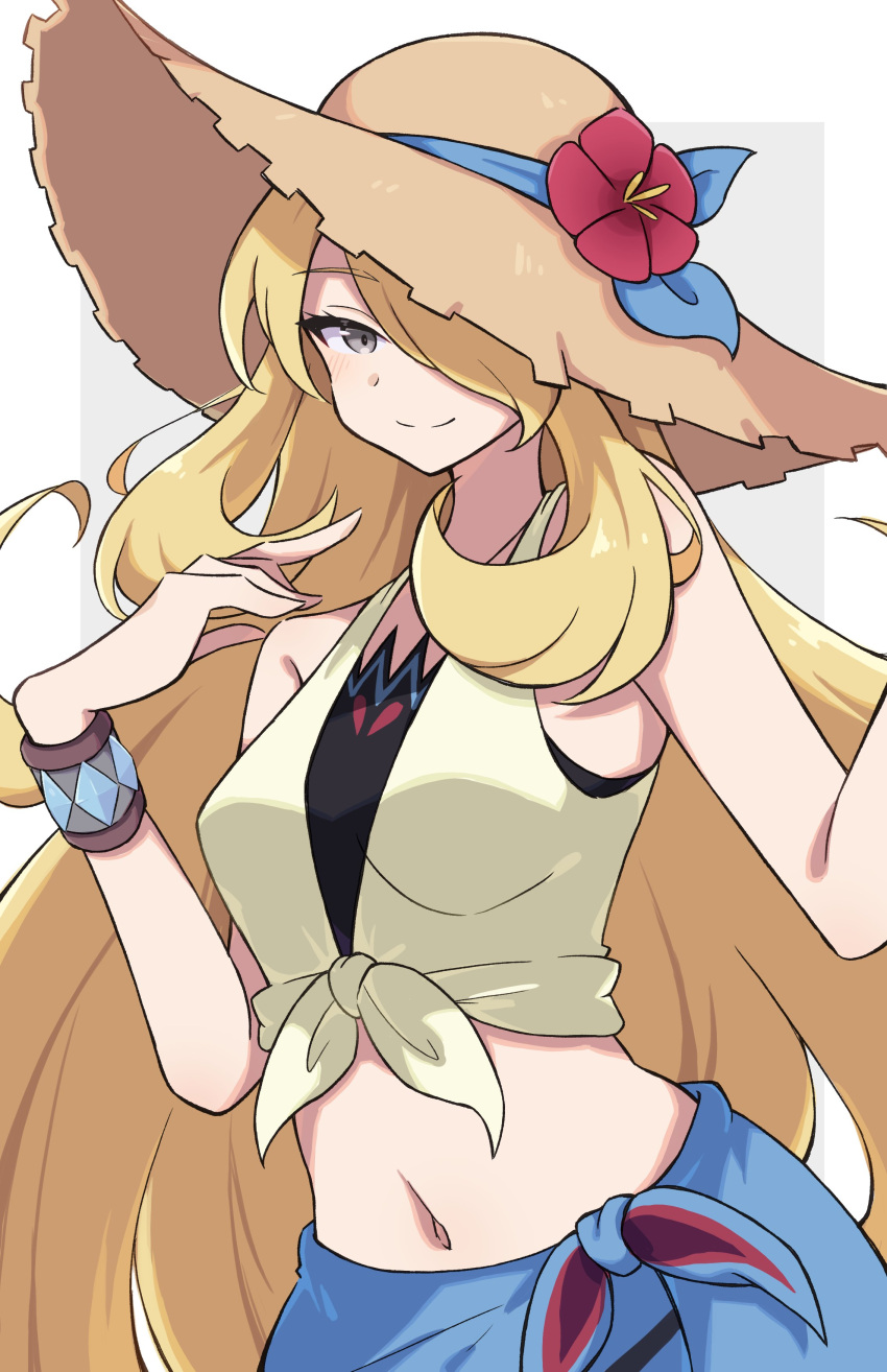 1girl, absurdres, blonde_hair, blue_sarong, breasts, closed_mouth, crop_top, cynthia_(pokemon)