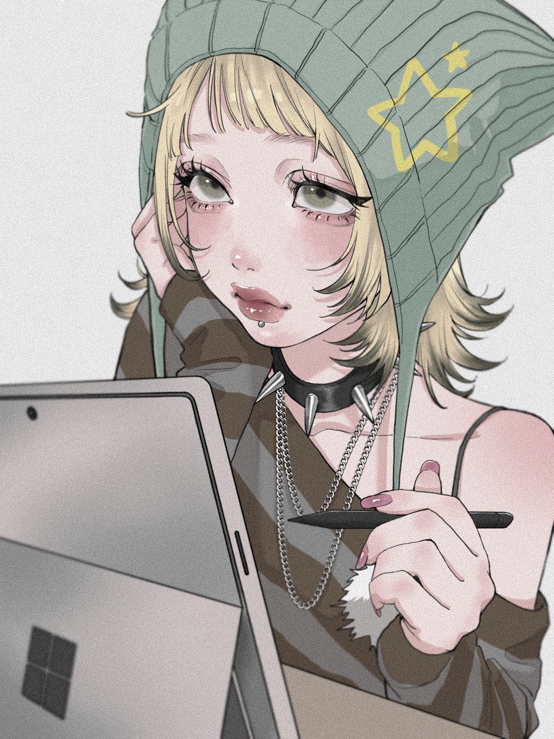 1girl, aegyo_sal, animal_hat, beanie, black_choker, black_hair, blonde_hair, blurry