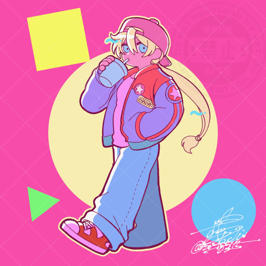 1boy, backwards_hat, baggy_pants, baseball_cap, blonde_hair, blue_eyes, commentary, denim