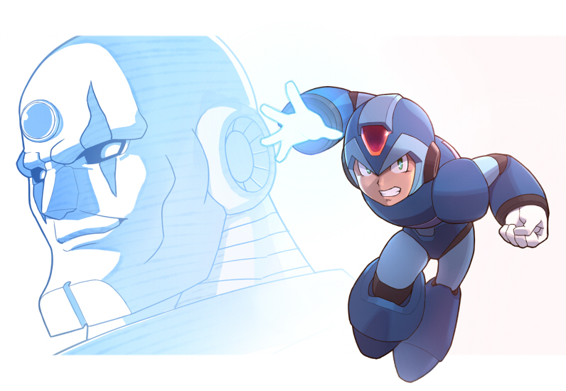 2boys, android, armor, bald, blue_armor, blue_helmet, clenched_hand, clenched_teeth, evil_eyes, facial_mark, forehead_jewel, full_body, gloves, glowing, glowing_hand, green_eyes, helmet, jewelry, looking_at_another, may_(nicoseiga_32709921), mega_man_(series), mega_man_maverick_hunter_x, mega_man_x_(series), multiple_boys, robot, robot_ears, sigma_(mega_man), teeth, white_gloves, x_(mega_man)