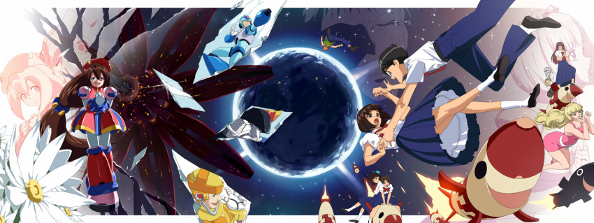 1girl, 4boys, 6+boys, 6+girls, 6+others, android, anii_noe, arm_cannon
