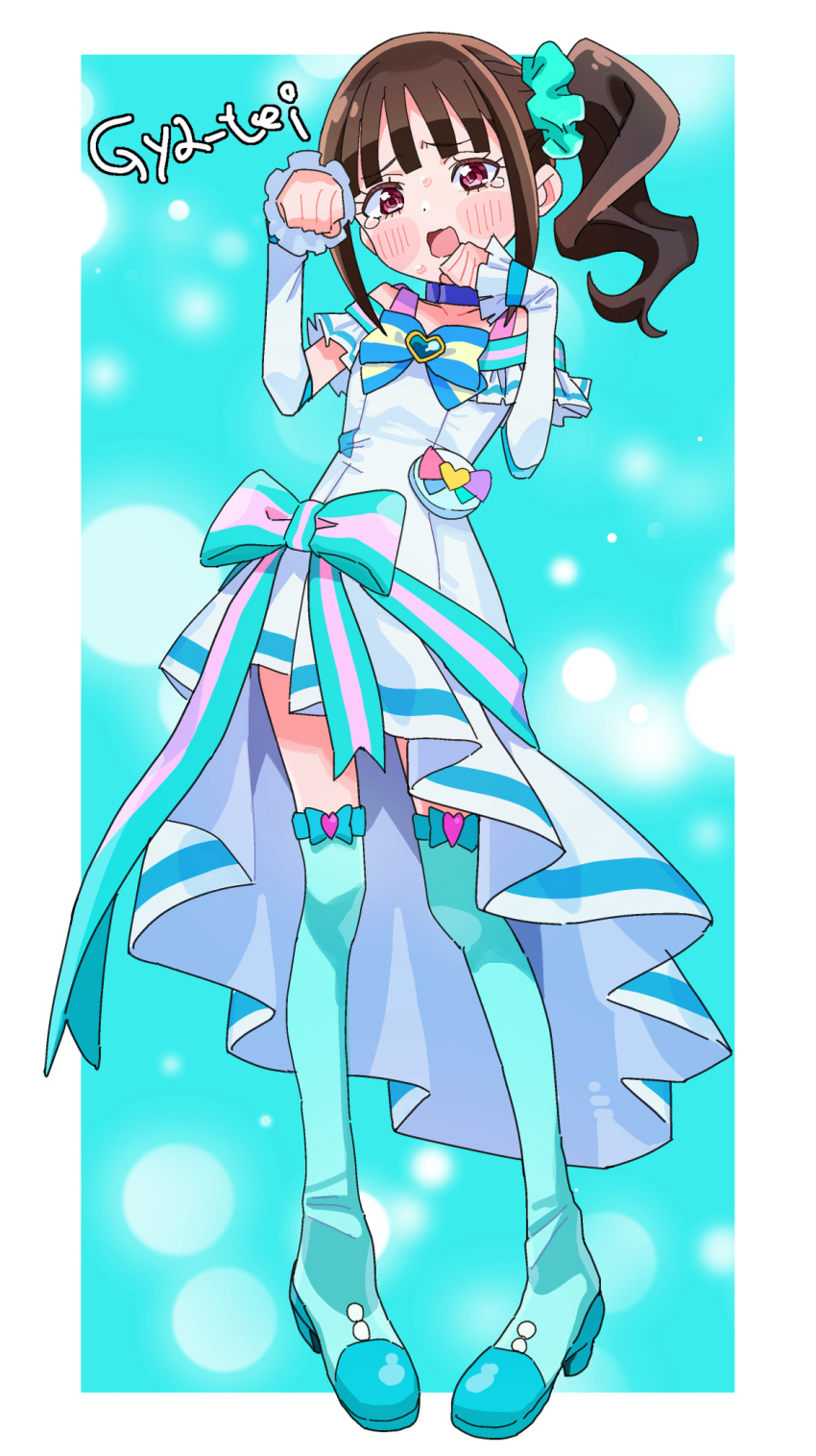 1girl, :o, aqua_background, aqua_boots, aqua_bow, aqua_scrunchie, aqua_theme, arm_warmers