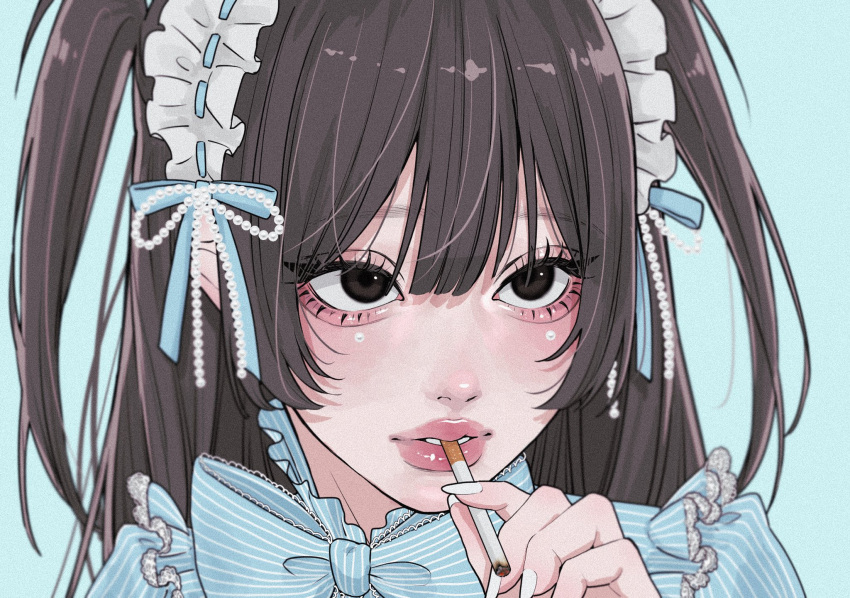 1girl, aegyo_sal, aqua_background, blue_bow, blue_collar, blue_dress, blue_ribbon, blue_sleeves, blurry, blush, bow, bowtie, brown_eyes, brown_hair, cigarette, close-up, collar, depth_of_field, double-parted_bangs, dress, eyelashes, film_grain, fingernails, frilled_collar, frills, hat, hat_ribbon, headdress, highres, holding, holding_cigarette, lace-trimmed_collar, lace_trim, lolita_fashion, long_fingernails, long_hair, looking_up, nail_polish, original, parted_lips, pearl_hat_ornament, portrait, puffy_sleeves, puritan_collar, ribbon, simple_background, straight_hair, striped_clothes, striped_dress, tamori_(tamori_www), thick_lips, two_side_up, white_nails