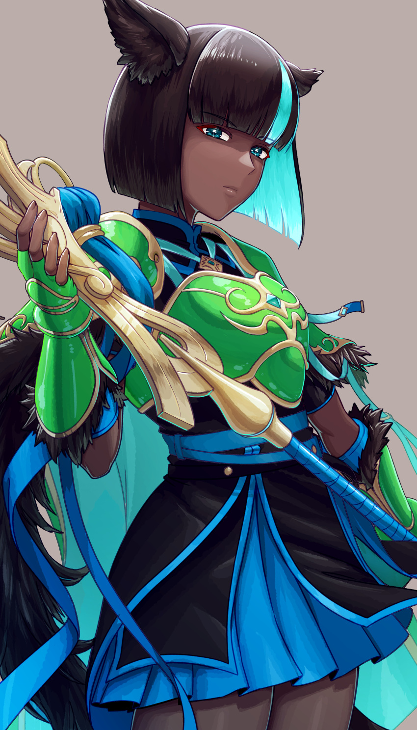 1girl, absurdres, aduti_momoyama, alberta_(fire_emblem), animal_ear_fluff, animal_ears, armor, armored_gloves, black_dress, black_hair, black_tunic, blue_eyes, blue_hair, breastplate, breasts, cape, closed_mouth, colored_inner_hair, dark-skinned_female, dark_skin, dress, fingerless_gloves, fire_emblem, fire_emblem_shadows, fur_trim, gloves, green_gloves, highres, holding, holding_staff, looking_at_viewer, multicolored_hair, short_hair, simple_background, solo, staff, tunic