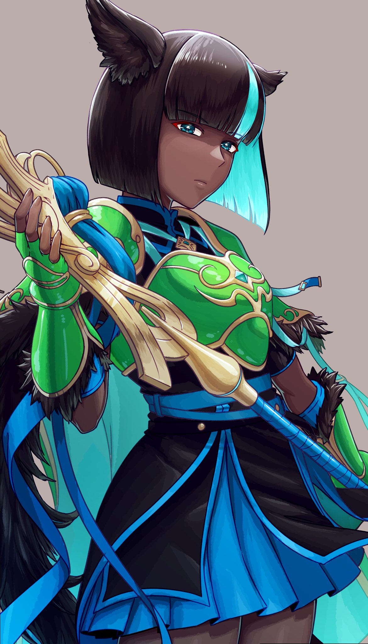 1girl, aduti_momoyama, alberta_(fire_emblem), animal_ear_fluff, animal_ears, armor, armored_gloves, black_dress, black_hair, black_tunic, blue_eyes, blue_hair, breastplate, breasts, cape, closed_mouth, colored_inner_hair, dark-skinned_female, dark_skin, dress, fingerless_gloves, fire_emblem, fire_emblem_shadows, fur_trim, gloves, green_gloves, highres, holding, holding_staff, looking_at_viewer, multicolored_hair, short_hair, simple_background, solo, staff, tunic