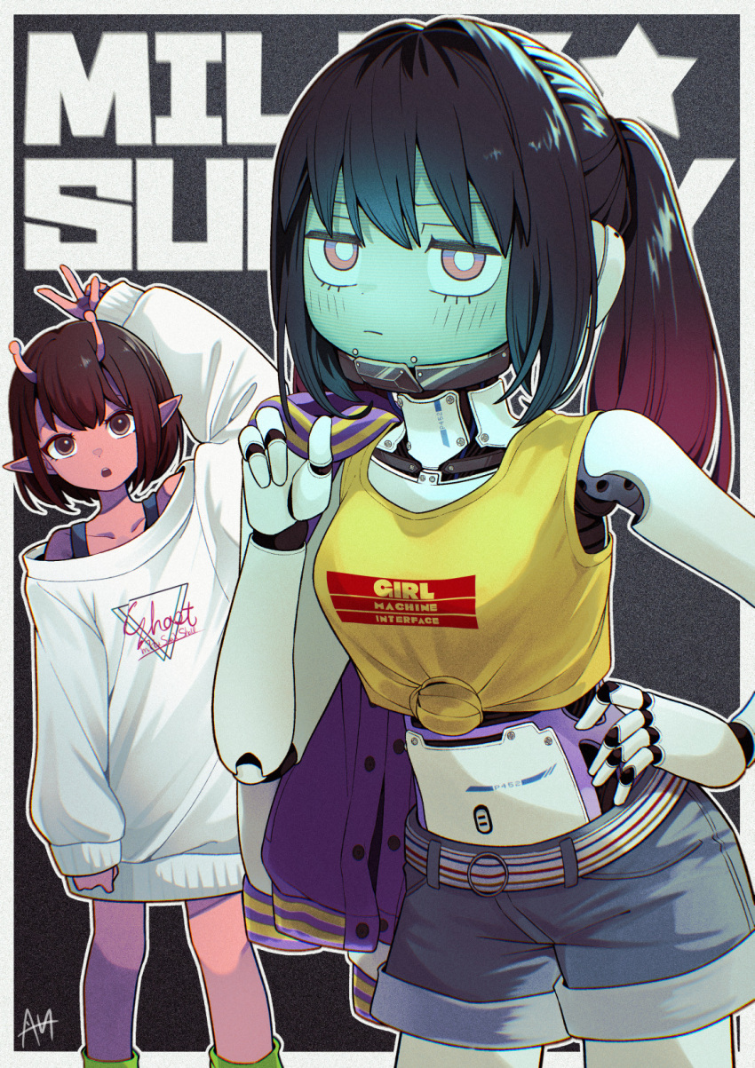 2girls, alien, android, antennae, arm_up, black_hair, blush, bra_strap, brown_hair, collarbone, colored_skin, copyright_name, denim, denim_shorts, green_socks, hand_on_own_hip, highres, holding, holding_jacket, holding_unworn_clothes, jacket, jacket_over_shoulder, kujo_chiharu, kurusu_makina_(milky_galactic_universe), letterman_jacket, mechanical_arms, mechanical_hands, mechanical_neck, milky_galactic_universe, milky_subway, multiple_girls, off-shoulder_sweater, off_shoulder, pointy_ears, red_eyes, red_skin, robot_girl, sato_(r017xts117), shirt, short_hair, shorts, sleeveless, sleeveless_shirt, socks, sweater, tied_shirt, twintails, unworn_jacket, v, white_sweater, yellow_shirt