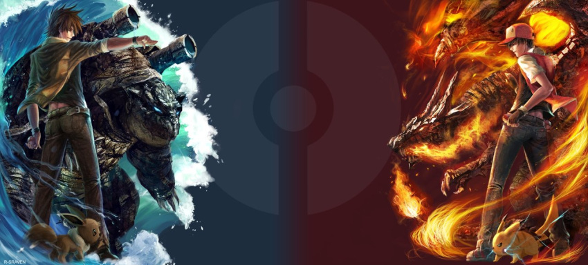 2boys, artist_name, baseball_cap, battle, belt, blastoise, blue, brown_hair