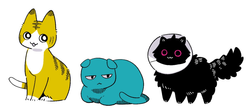 :3, animalization, black_cat, blue_fur, cat, dead_end_chocolate_(vocaloid), ichinose_chifuyu, inemuri_(jdq5e), lineup, looking_at_viewer, ninomiya_yuuki, no_humans, pet_cone, pink_eyes, simple_background, striped_fur, white_background, yellow_fur, yotsuya_moe