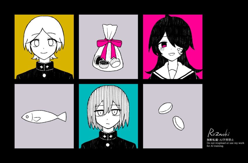 1girl, 2boys, bag, blush, chocolate, closed_mouth, column_lineup, commentary_request