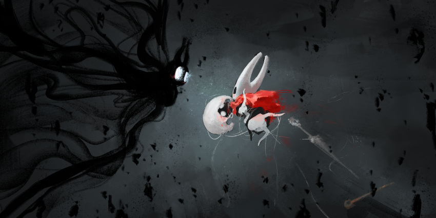 1other, 2girls, absurdres, cloak, darkness, glowing, glowing_eyes, highres