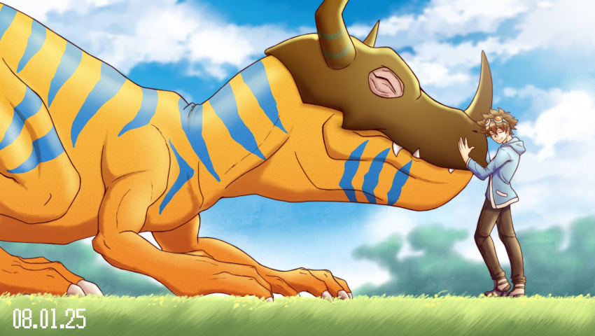 1boy, blurry, blurry_background, brown_hair, closed_eyes, dated, digimon, digimon_(creature), digimon_adventure, digimon_adventure_(1999_movie), digimon_day, dinosaur, falcon_(burbdoodles), goggles, goggles_on_head, greymon, highres, horns, hug, pants, standing, yagami_taichi