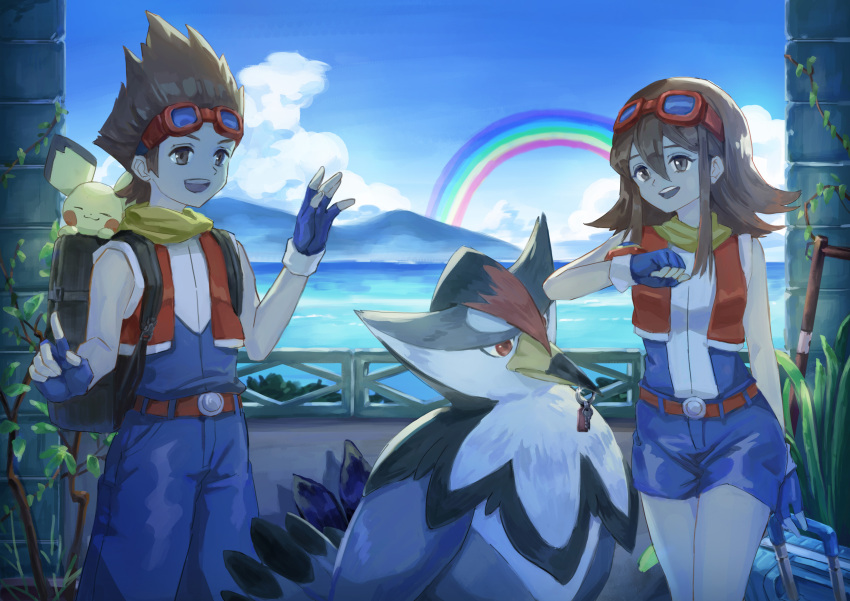 1boy, 1girl, :d, absurdres, ben_(pokemon), blue_gloves, blue_pants, blue_shorts