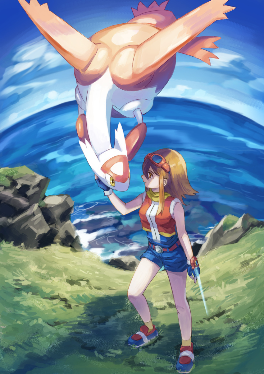 1girl, absurdres, blue_gloves, brown_eyes, brown_hair, fingerless_gloves, full_body, gloves