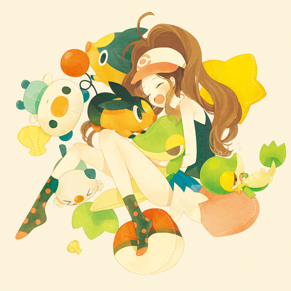 1girl, bare_shoulders, baseball_cap, brown_hair, closed_eyes, eyes_closed, footwear, hat, heart, hug, long_hair, open_mouth, oshawott, pechika, poke_ball, poke_ball_theme, pokemon, pokemon_(creature), pokemon_(game), pokemon_black_and_white, pokemon_bw, polka_dot, ponytail, shell, short_shorts, shorts, sitting, smile, snivy, socks, star, stuffed_animal, stuffed_toy, tepig, themed_object, touko_(pokemon)