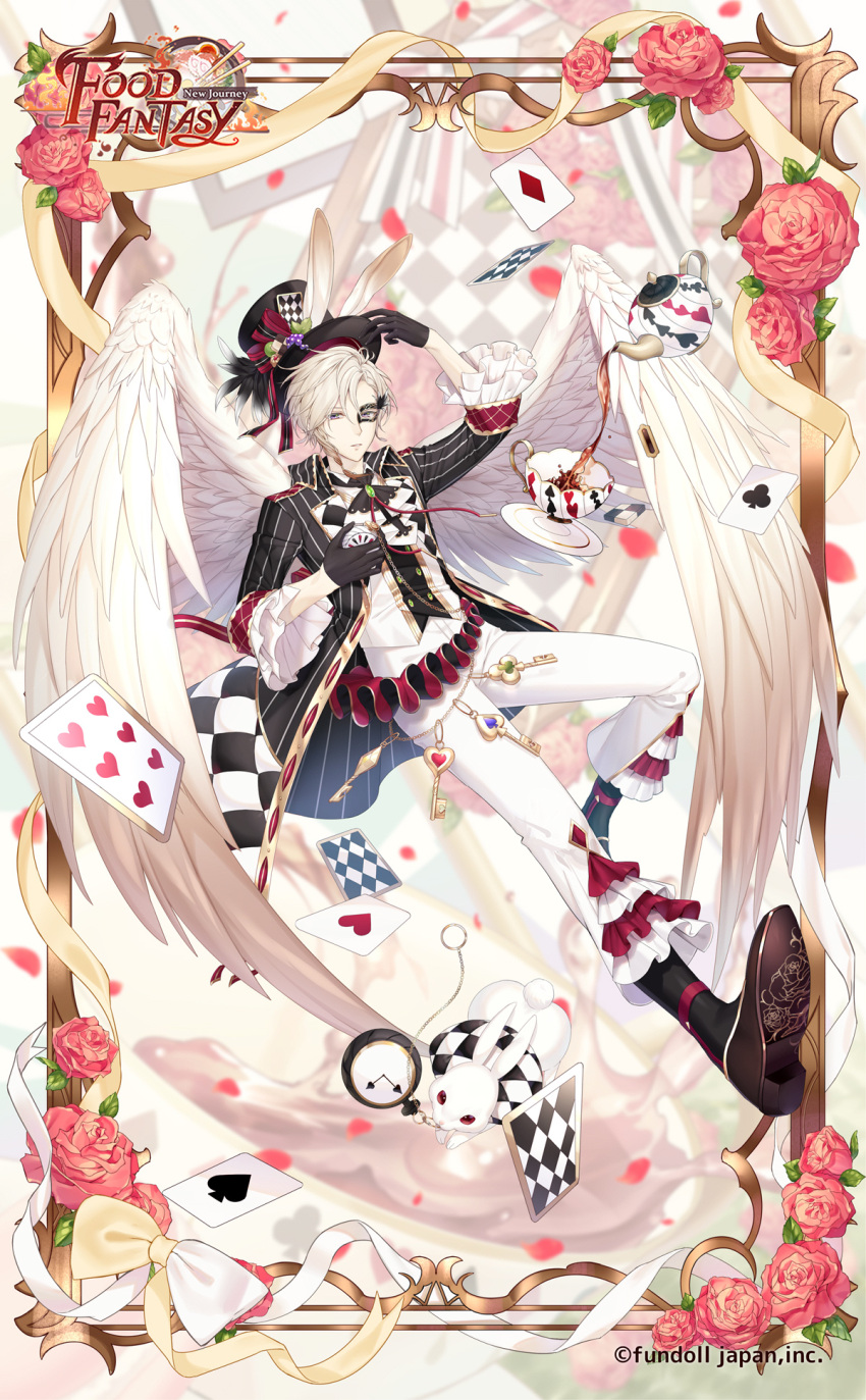 1boy, alice's_adventures_in_wonderland, alternate_costume, angel_wings, animal_ears, ankle_strap, ascot, black_ascot
