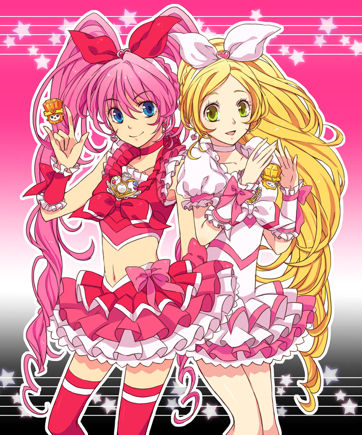 \m/, blonde_hair, blue_eyes, bow, braid, brooch, choker, cure_melody