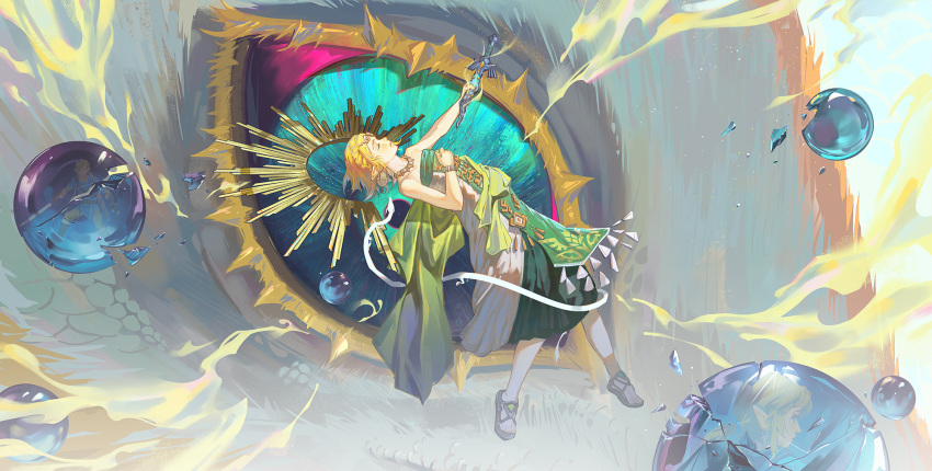 1girl, blonde_hair, dress, green_tabard, halo, highres, light_dragon_(zelda), master_sword